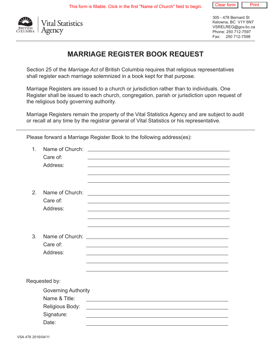 Form VSA476 Marriage Register Book Request - British Columbia, Canada, Page 1