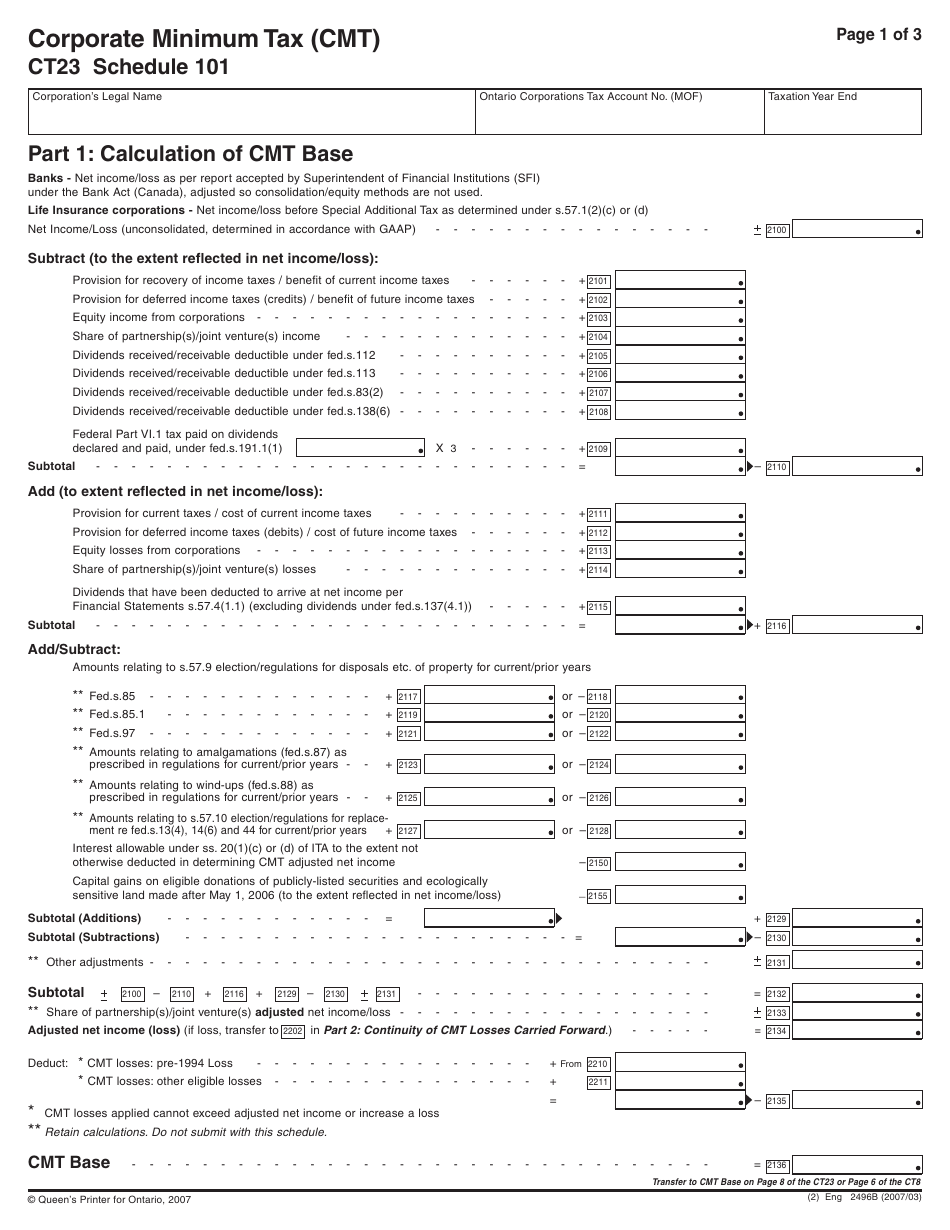 Form CT23 (2496) Schedule 101 Corporate Minimum Tax (Cmt) - Ontario, Canada, Page 2