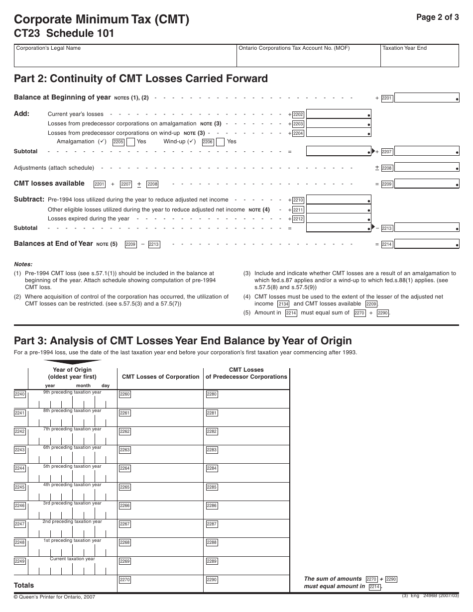 Form CT23 (2496) Schedule 101 Corporate Minimum Tax (Cmt) - Ontario, Canada, Page 3