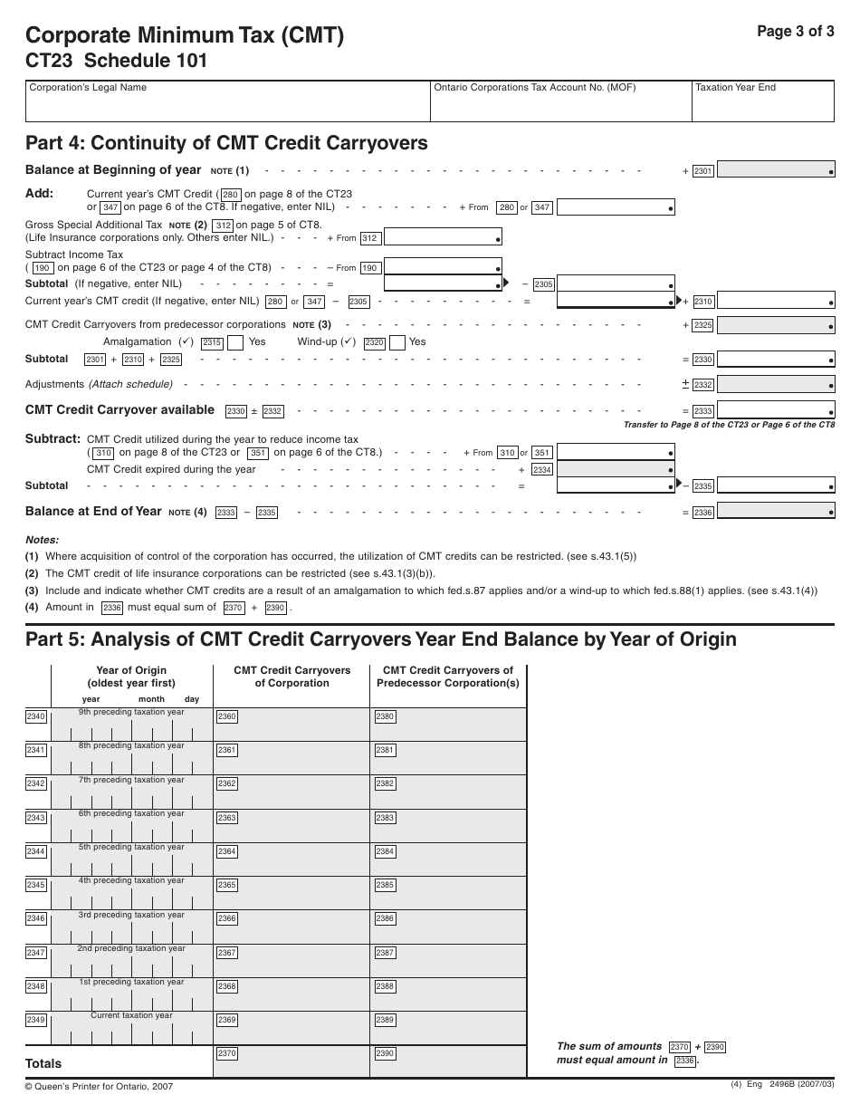Form CT23 (2496) Schedule 101 Corporate Minimum Tax (Cmt) - Ontario, Canada, Page 4