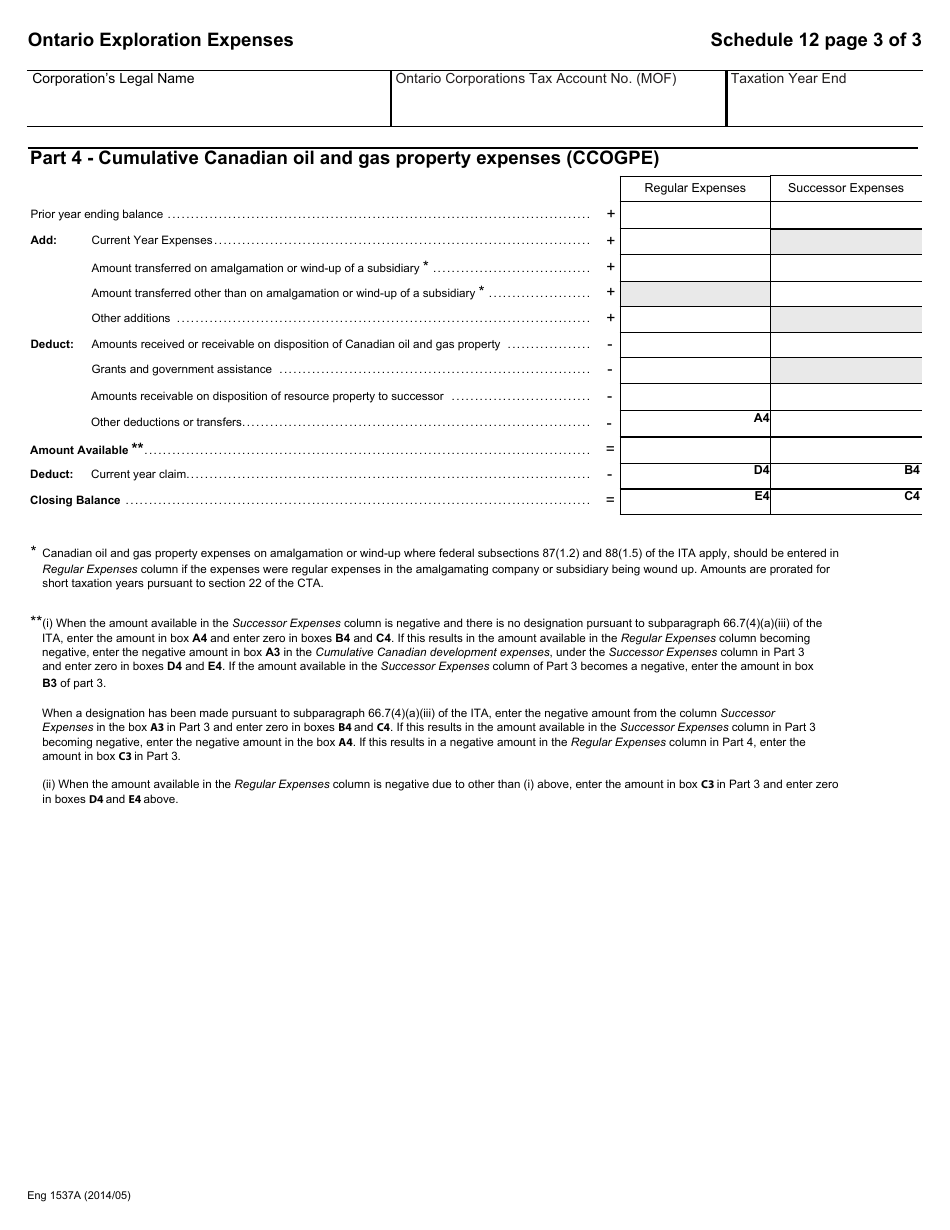 Form 1537A Schedule 12 Ontario Exploration Expenses - Ontario, Canada, Page 3