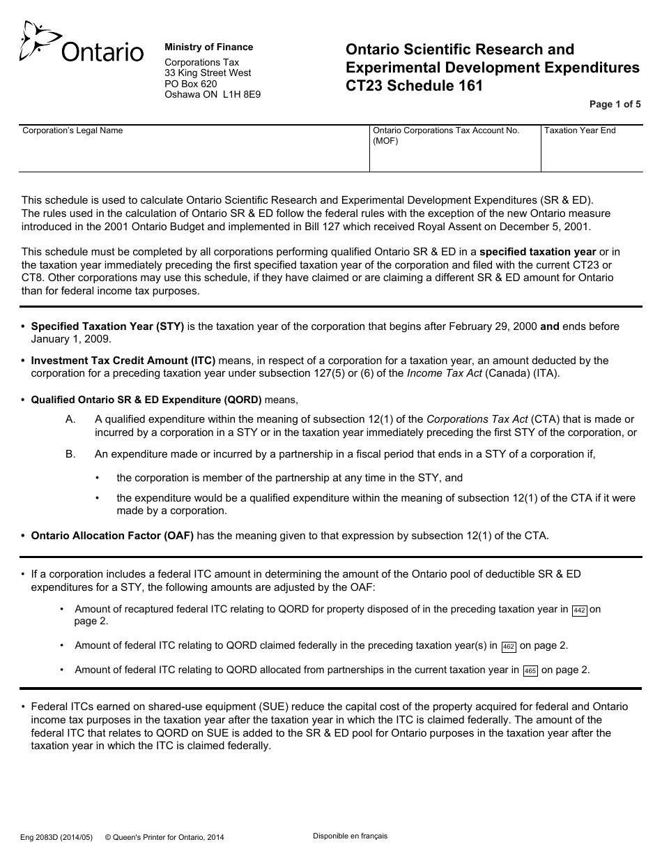 Form CT23 (2083D) Schedule 161 Ontario Scientific Research and Experimental Development Expenditures - Ontario, Canada, Page 1