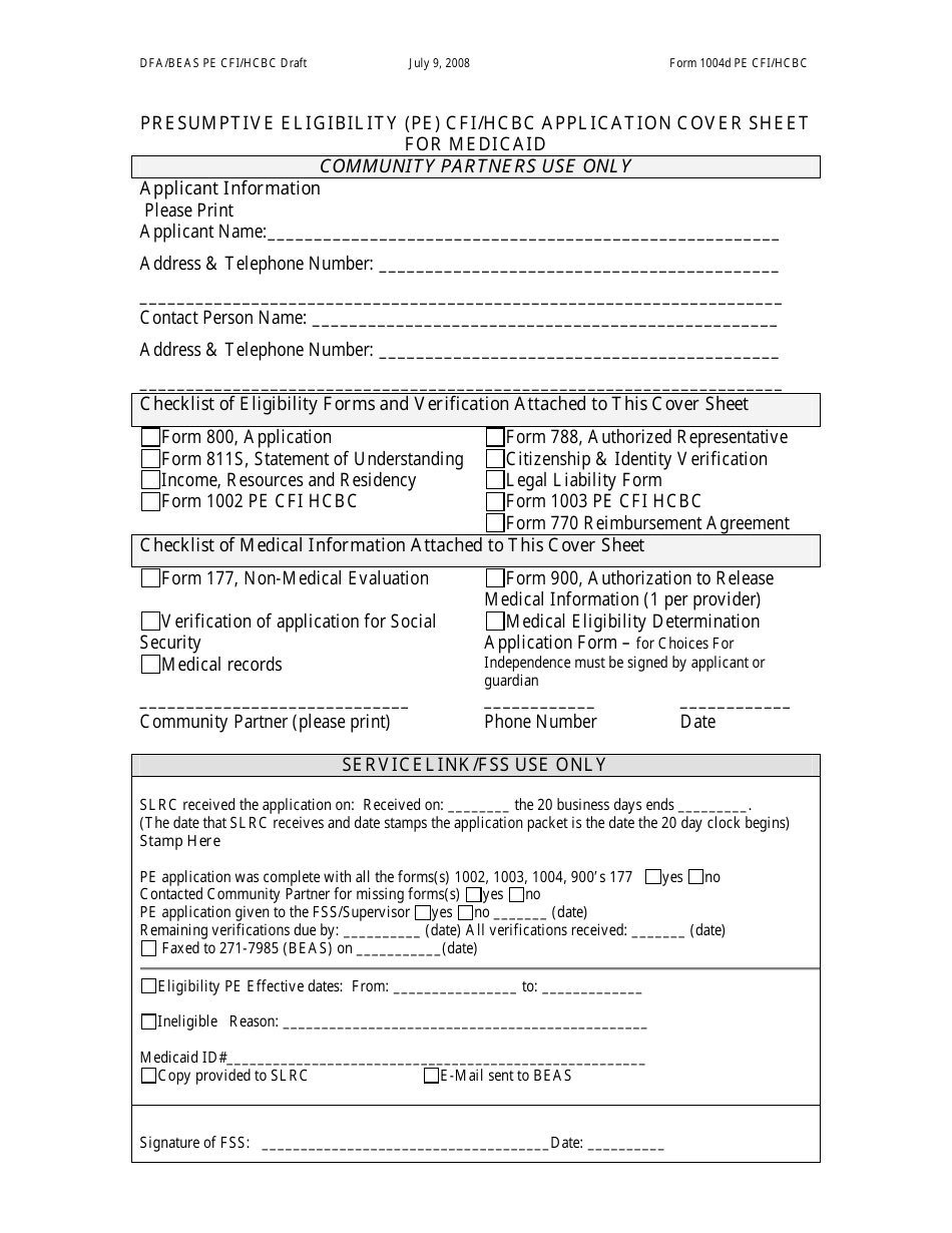 Form 1004D Presumptive Eligibility (Pe) Cfi / Hcbc Application Cover Sheet for Medicaid - New Hampshire, Page 1