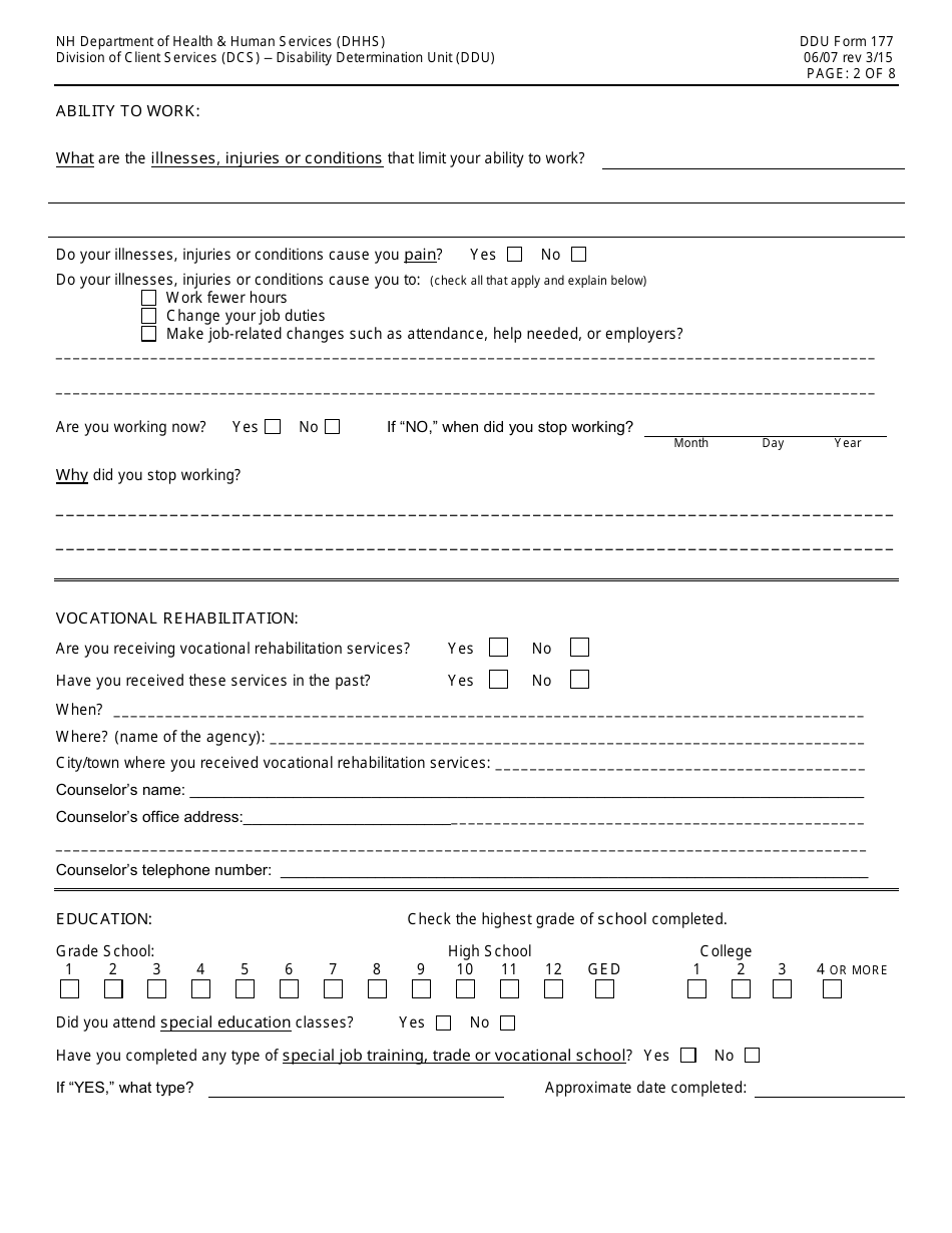 DDU Form 177 Nonmedical Evaluation of Disability - New Hampshire, Page 2
