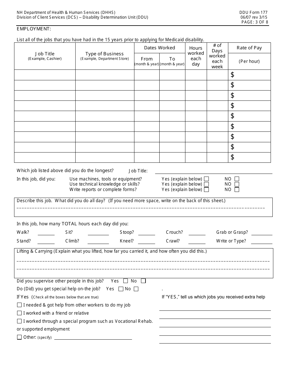 DDU Form 177 Nonmedical Evaluation of Disability - New Hampshire, Page 3