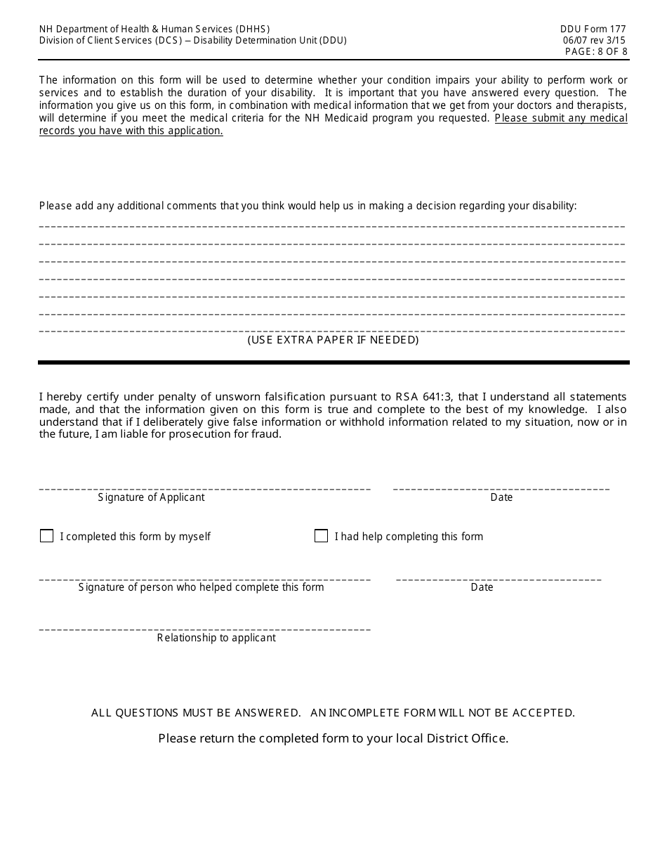 DDU Form 177 Nonmedical Evaluation of Disability - New Hampshire, Page 8