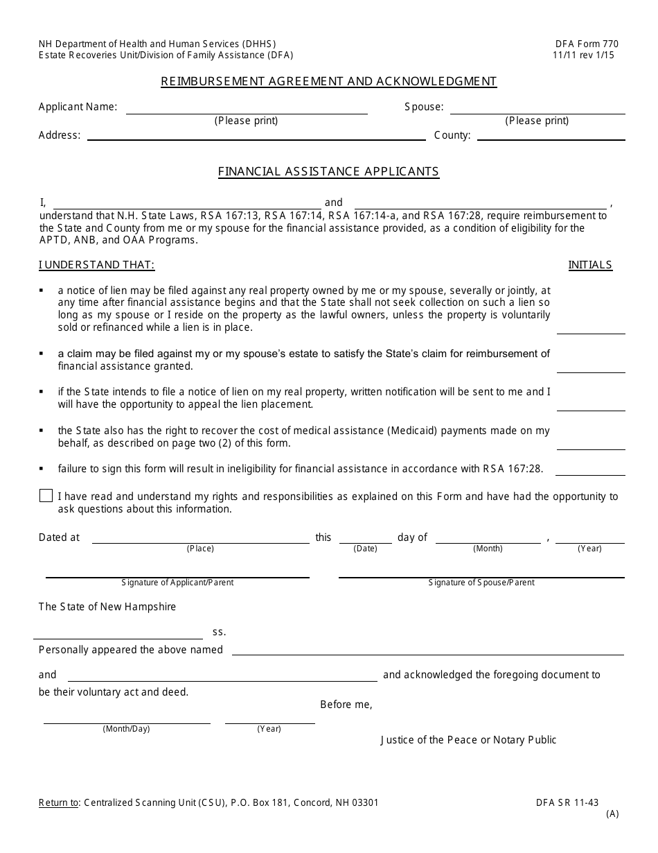 DFA Form 770 Reimbursement Agreement and Acknowledgment - New Hampshire, Page 1