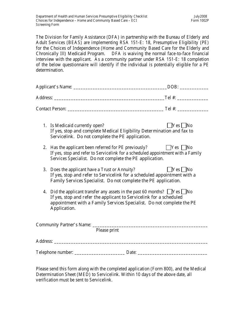Form 1002P Screening Form - New Hampshire, Page 1
