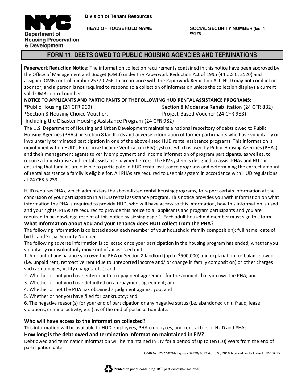 Form 11 Debts Owed to Public Housing Agencies and Terminations - New York City, Page 1