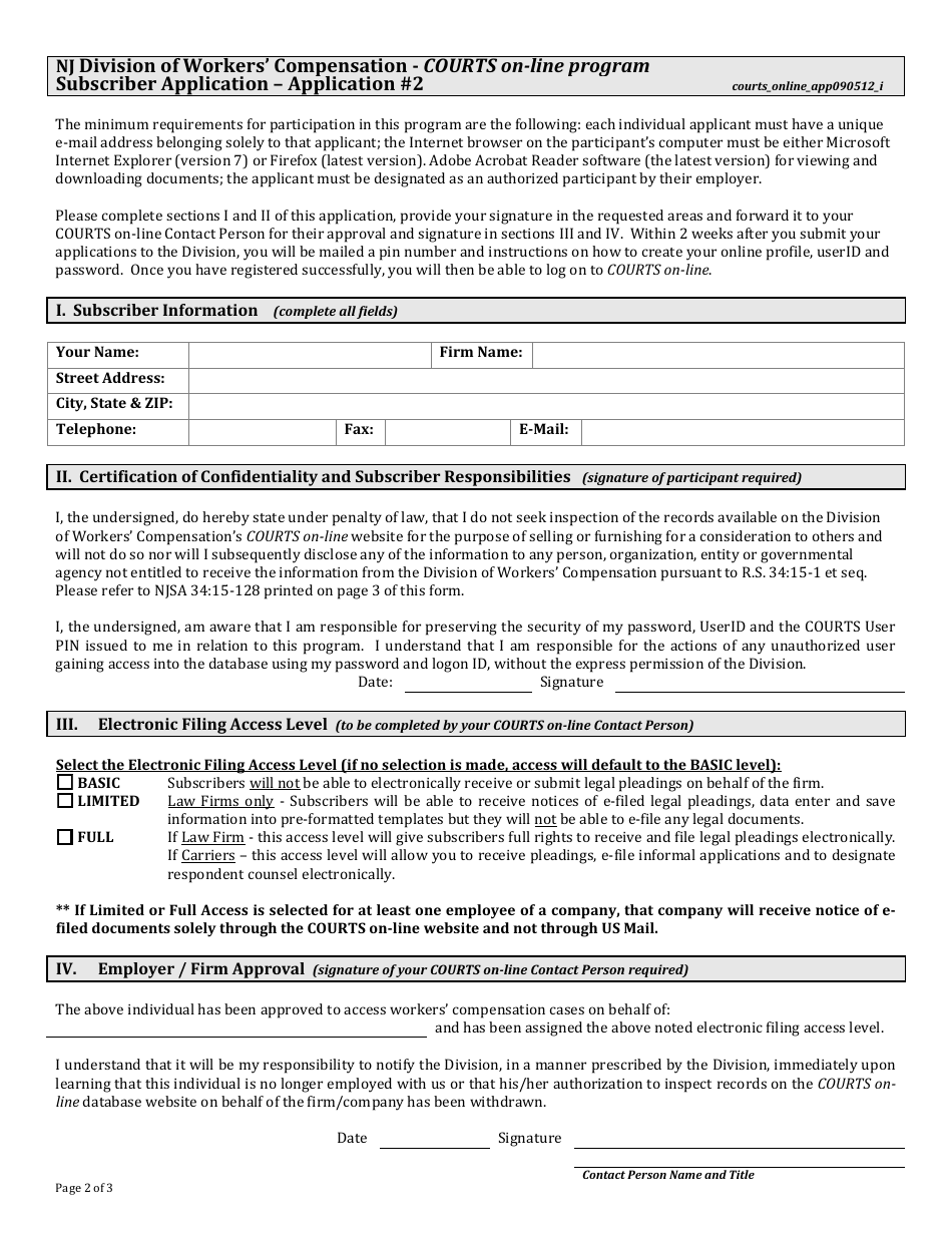 Form 2 Courts on-Line Program Subscriber Application - New Jersey, Page 1