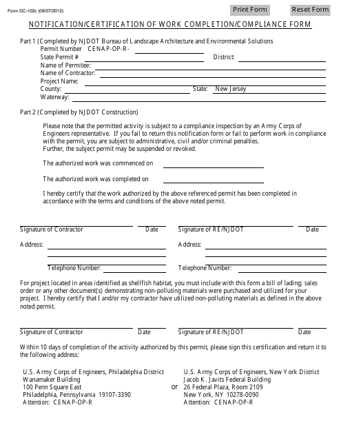 Form DC-102C Notification/Certification of Work Completion/Compliance Form - New Jersey