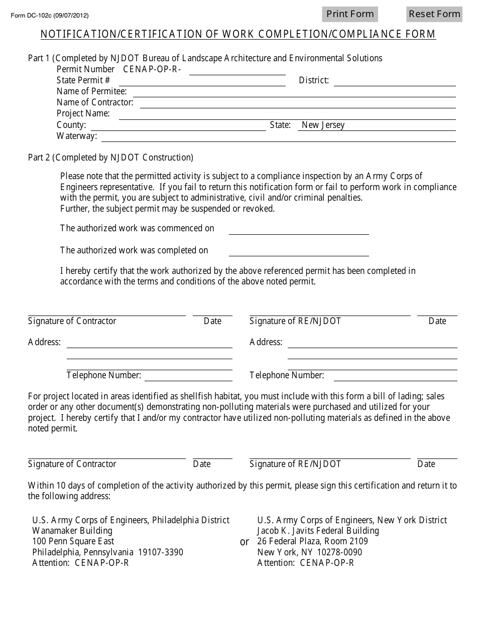 Form DC-102C Notification / Certification of Work Completion / Compliance Form - New Jersey, Page 1