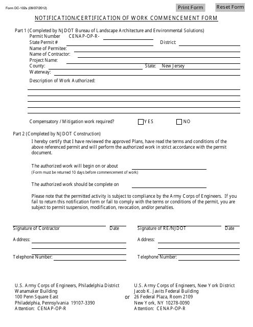 Form DC-102S Notification/Certification of Work Commencement Form - New Jersey