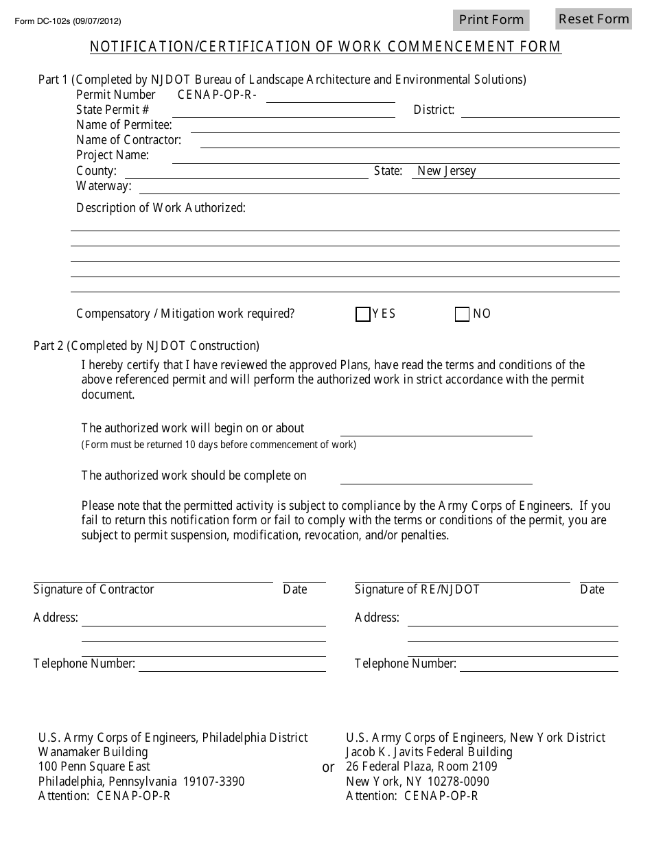 Form DC-102S Notification / Certification of Work Commencement Form - New Jersey, Page 1