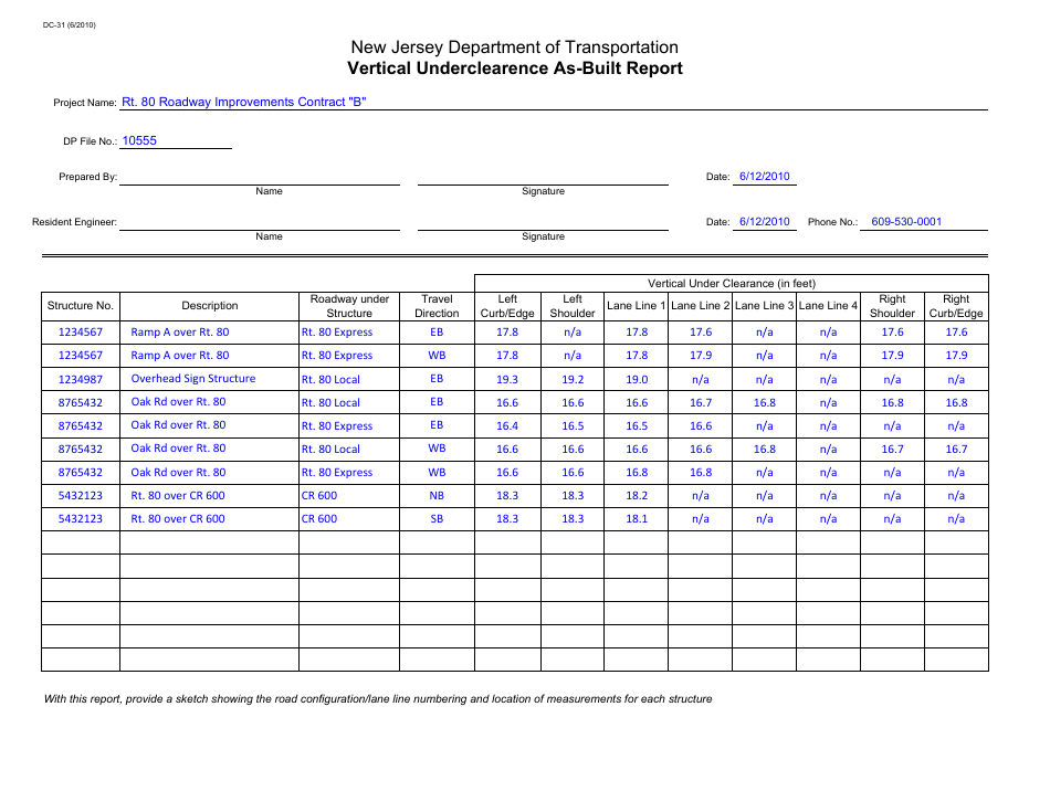 Sample Form DC-31 Vertical Underclearence as-Built Report - New Jersey, Page 1