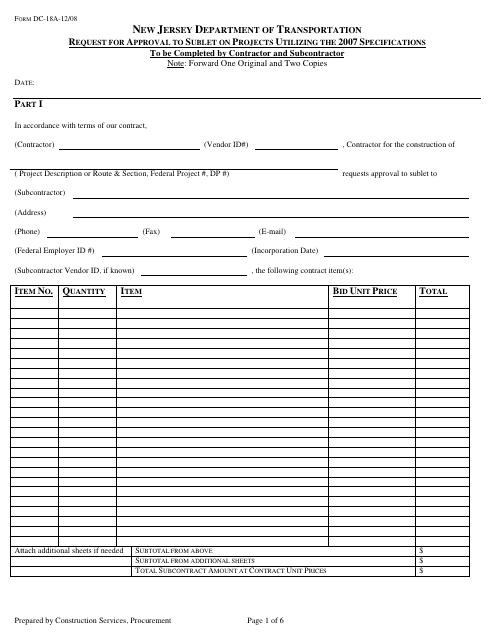 Form DC-18A Request for Approval to Sublet on Projects Utilizing the 2007 Specification - New Jersey