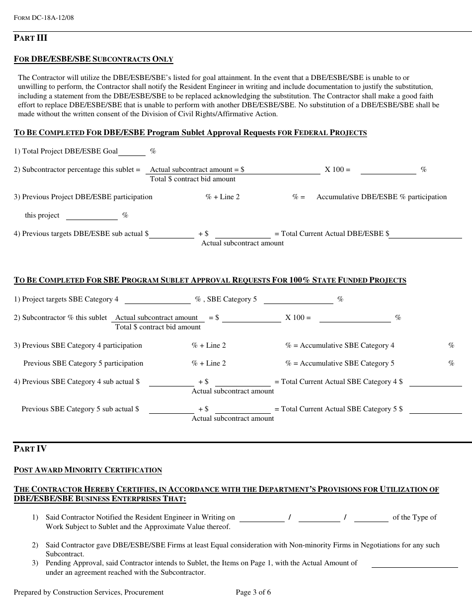 Form DC-18A Request for Approval to Sublet on Projects Utilizing the 2007 Specification - New Jersey, Page 3