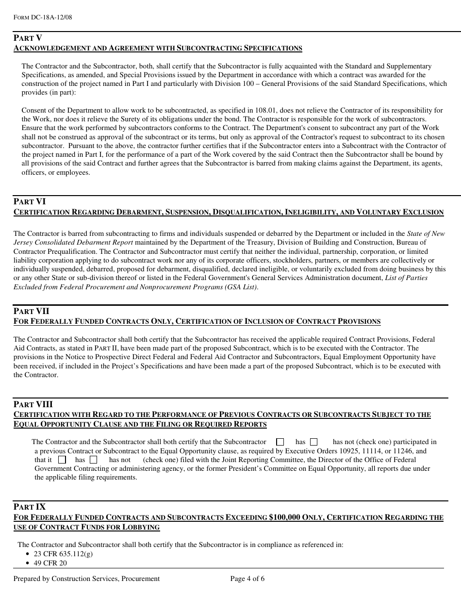 Form DC-18A Request for Approval to Sublet on Projects Utilizing the 2007 Specification - New Jersey, Page 4
