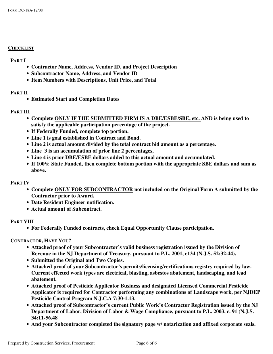 Form DC-18A Request for Approval to Sublet on Projects Utilizing the 2007 Specification - New Jersey, Page 6