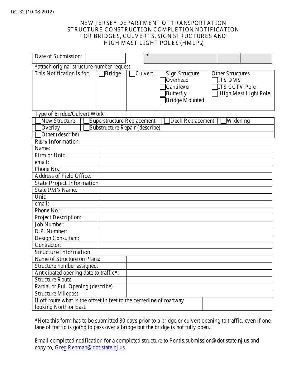Form DC-32 Structure Construction Completion Notification for Bridges, Culverts, Sign Structures and High Mast Light Pole (Hmlps) - New Jersey, Page 1