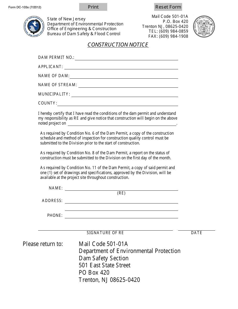 Form DC-103S Dam Safety and Flood Control Completion Notice - New Jersey, Page 1