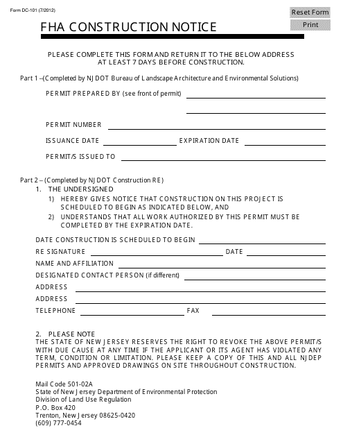 Form DC-101 Fha Construction Notice - New Jersey