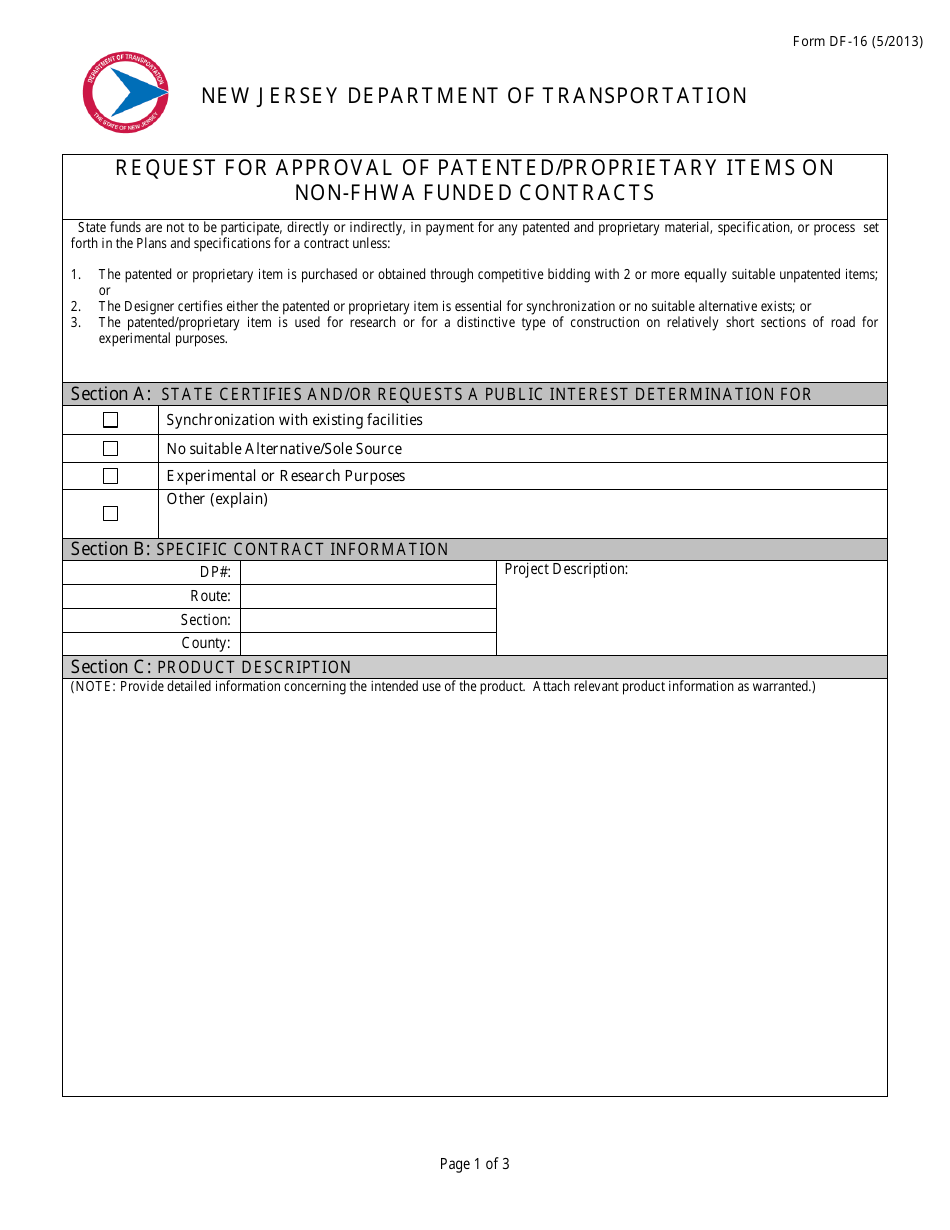 Form DF-16 Request for Approval of Patented / Proprietary Items on Non-fhwa Funded Contracts - New Jersey, Page 1