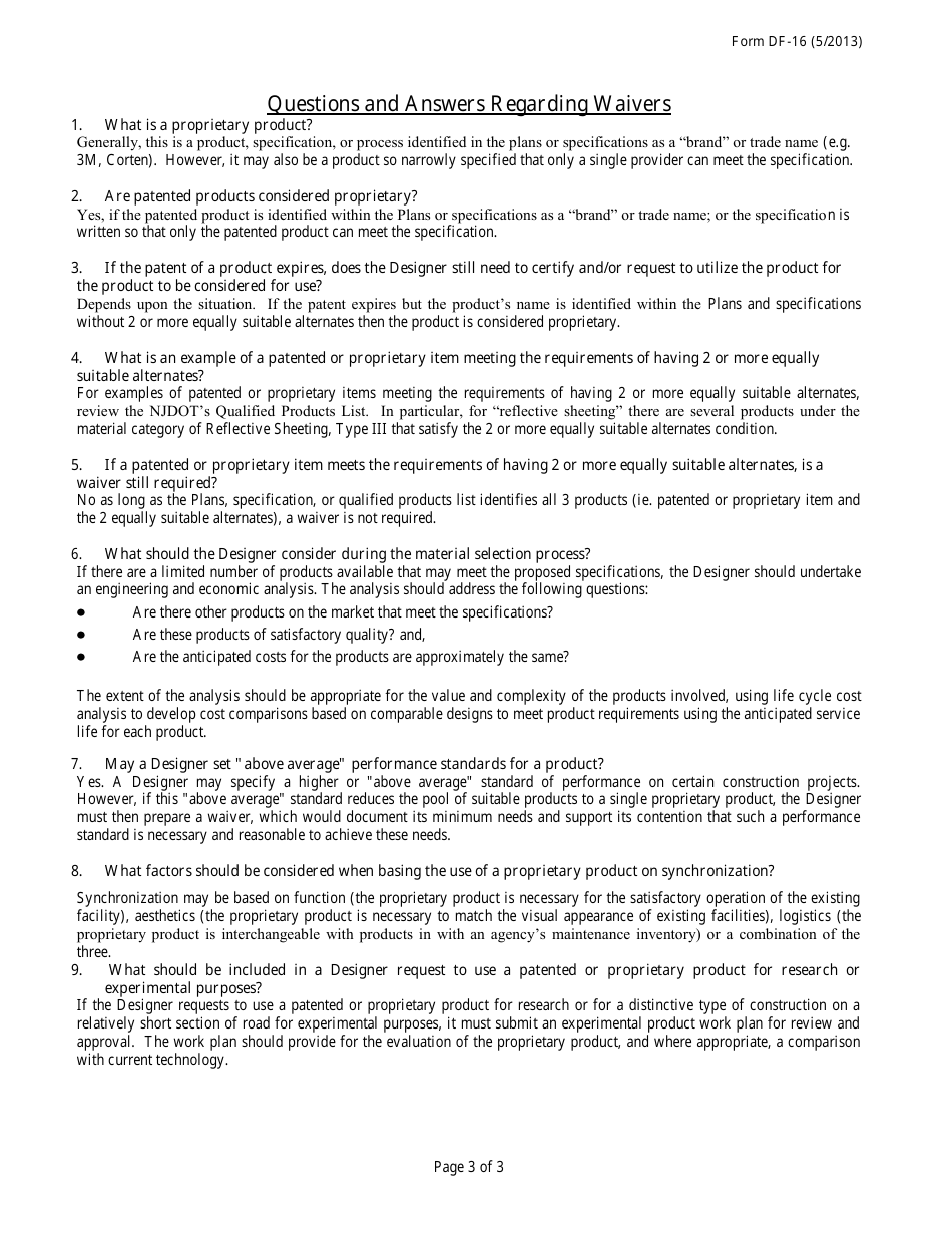Form DF-16 Request for Approval of Patented / Proprietary Items on Non-fhwa Funded Contracts - New Jersey, Page 3