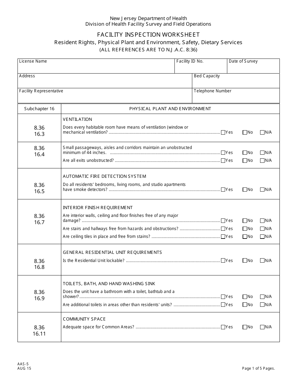 Form AAS-5 Facility Inspection Worksheet (Resident Rights, Physical Plant and Environment, Safety, Dietary Services) - New Jersey, Page 1