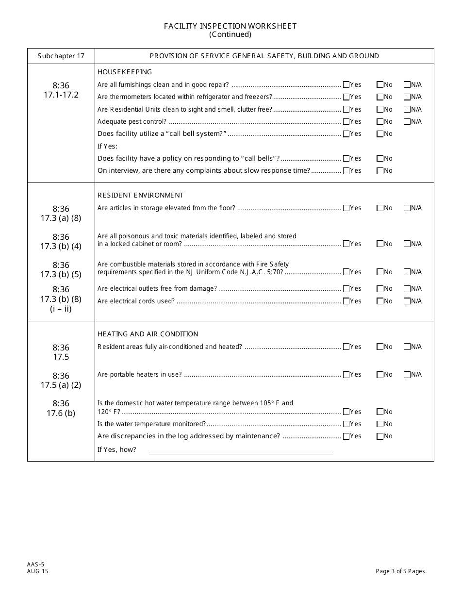 Form AAS-5 Facility Inspection Worksheet (Resident Rights, Physical Plant and Environment, Safety, Dietary Services) - New Jersey, Page 3