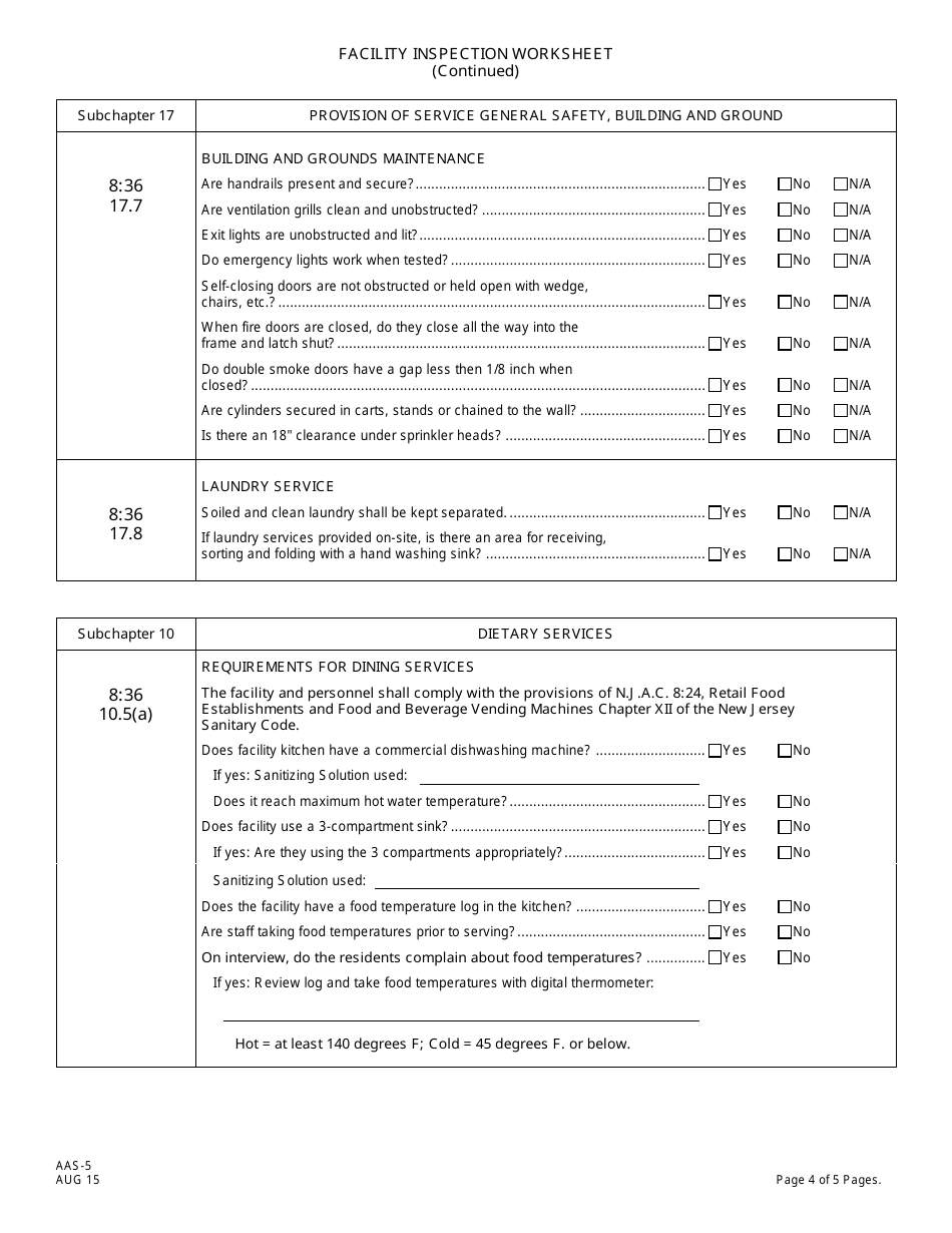 Form AAS-5 Facility Inspection Worksheet (Resident Rights, Physical Plant and Environment, Safety, Dietary Services) - New Jersey, Page 4