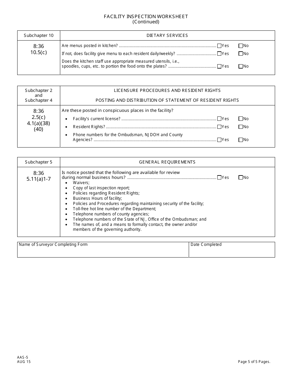 Form AAS-5 Facility Inspection Worksheet (Resident Rights, Physical Plant and Environment, Safety, Dietary Services) - New Jersey, Page 5