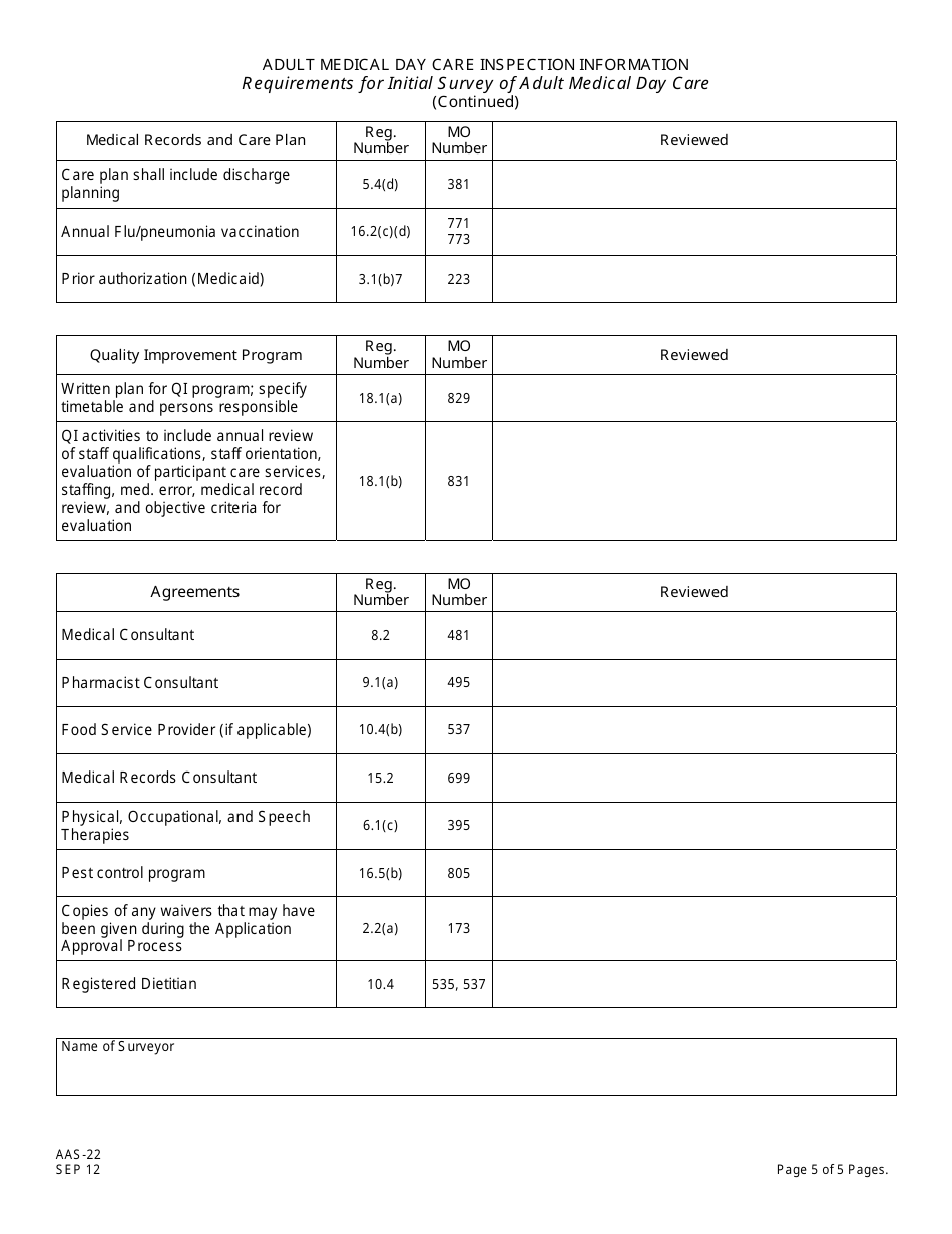 Form AAS-22 Adult Medical Day Care Inspection Information - New Jersey, Page 5