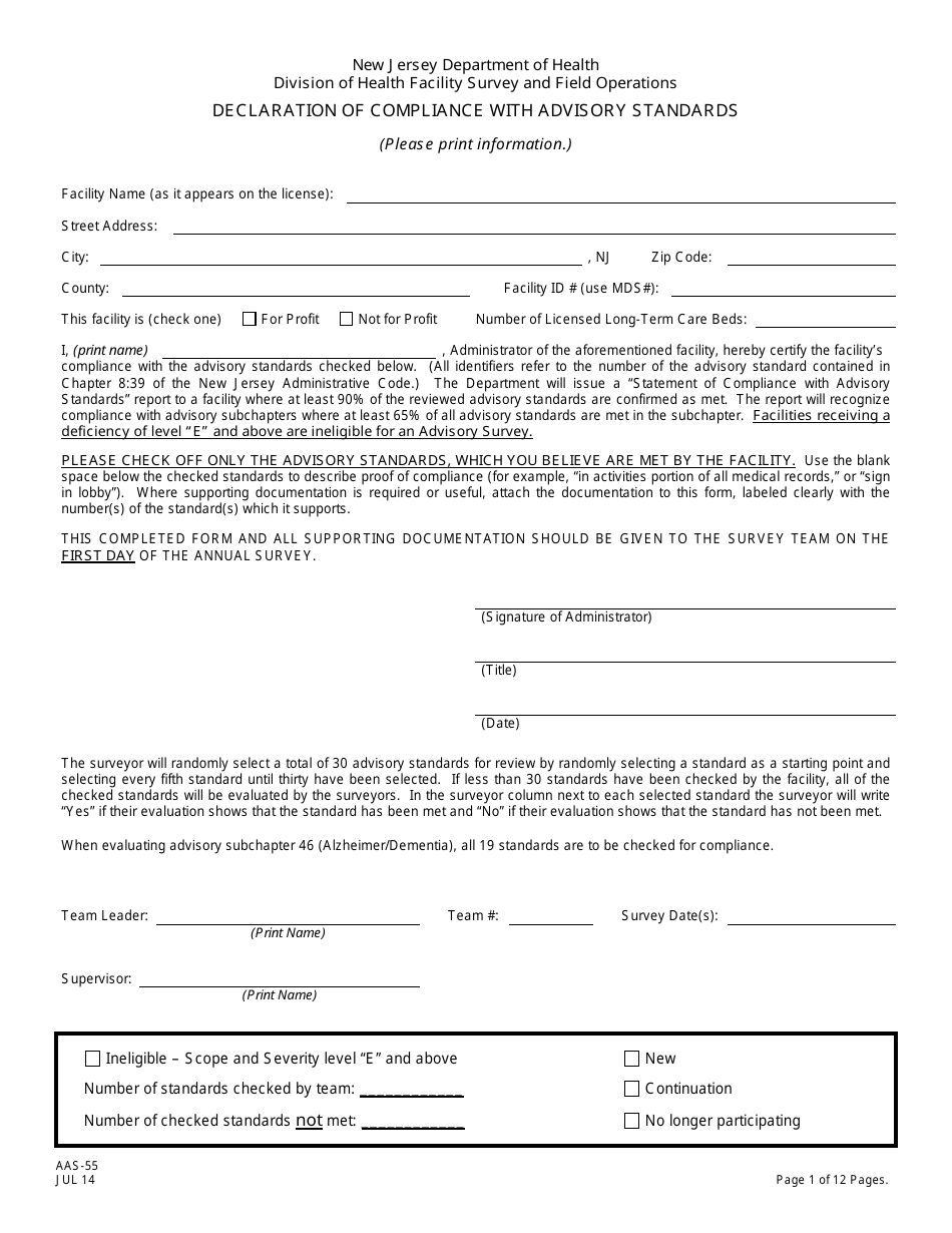 Form AAS-55 Declaration of Compliance With Advisory Standards - New Jersey, Page 1