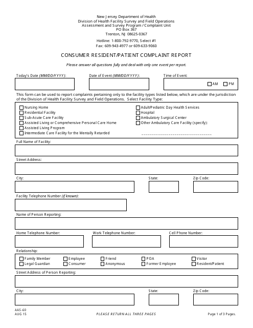 Form AAS-60 Consumer Resident/Patient Complaint Report - New Jersey