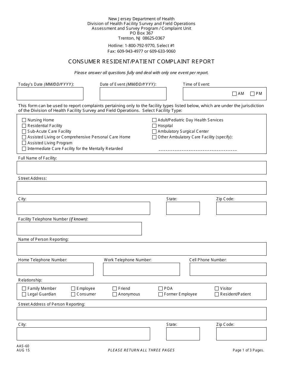 Form AAS-60 Consumer Resident / Patient Complaint Report - New Jersey, Page 1