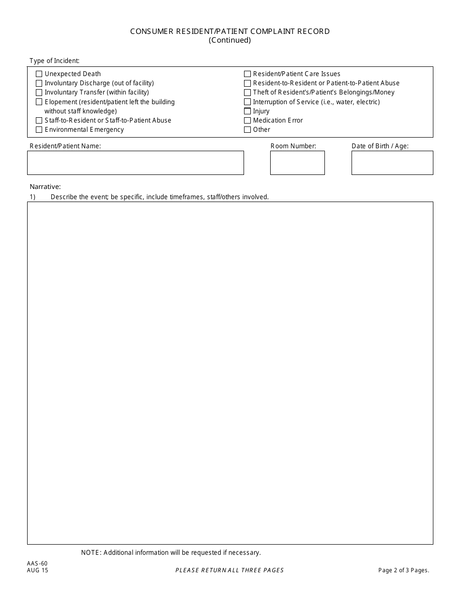 Form AAS-60 Consumer Resident / Patient Complaint Report - New Jersey, Page 2