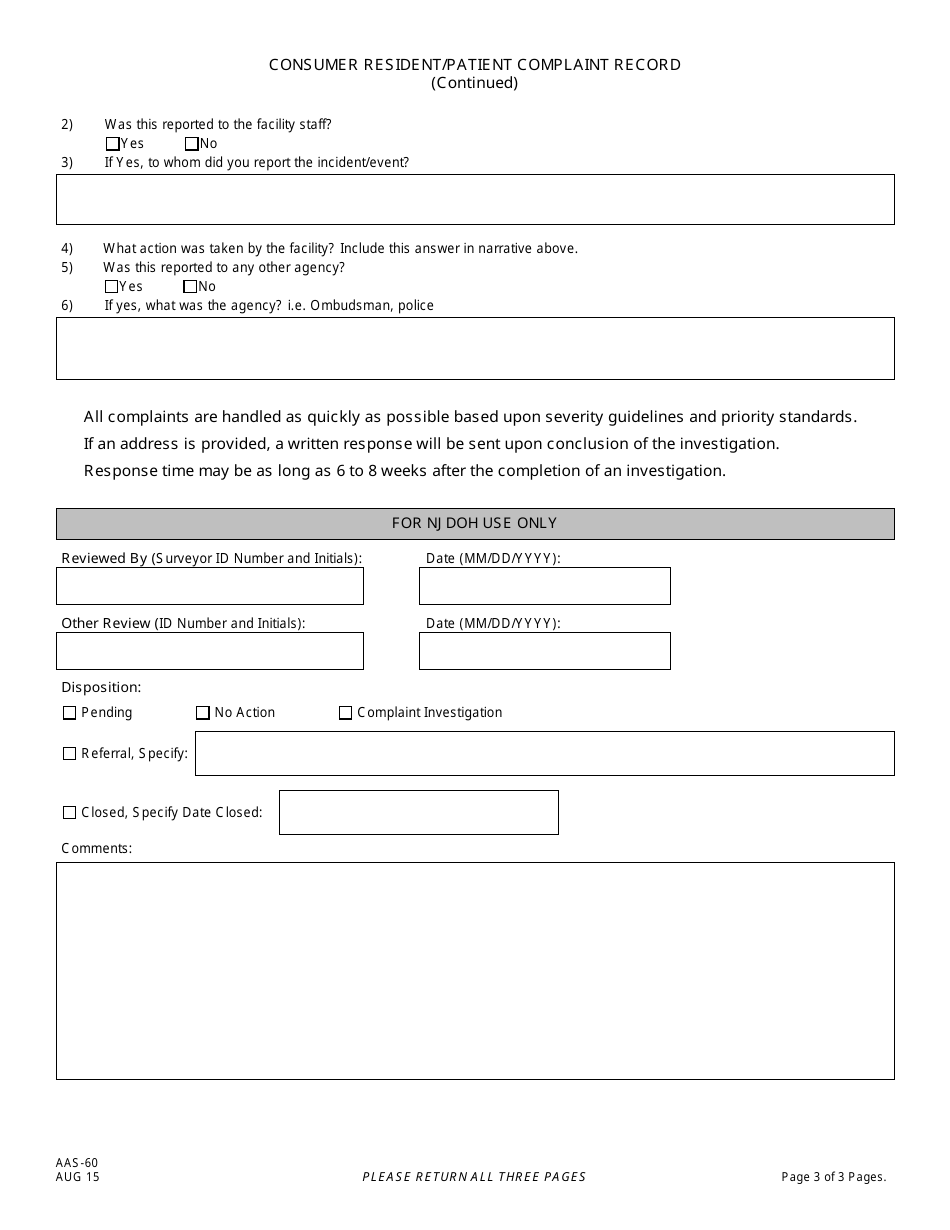 Form AAS-60 Consumer Resident / Patient Complaint Report - New Jersey, Page 3