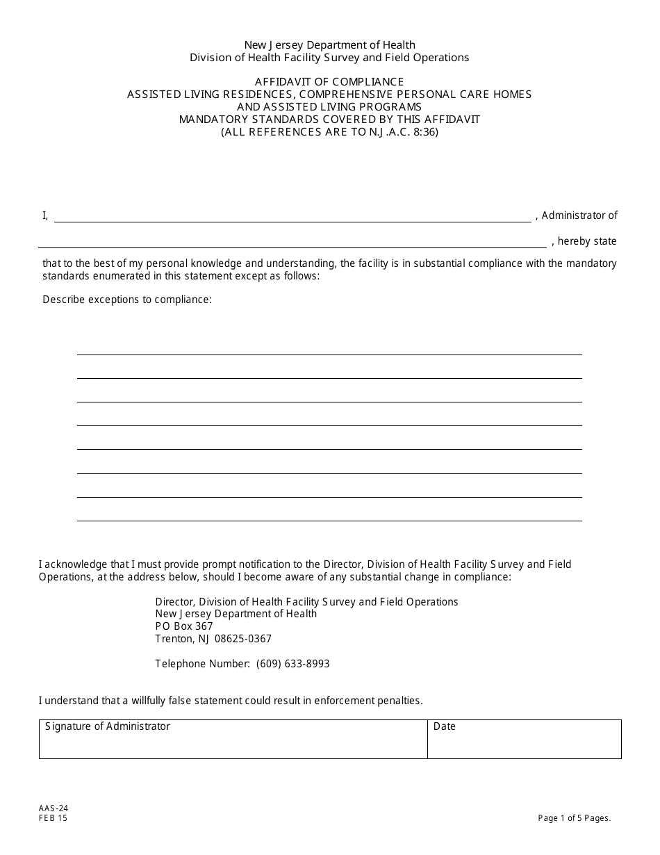Form AAS-24 Affidavit of Compliance Assisted Living Residences, Comprehensive Personal Care Homes and Assisted Living Programs - New Jersey, Page 1