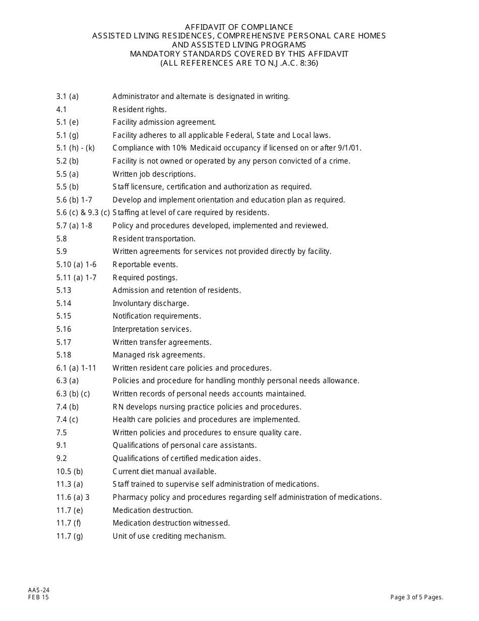 Form AAS-24 Affidavit of Compliance Assisted Living Residences, Comprehensive Personal Care Homes and Assisted Living Programs - New Jersey, Page 3