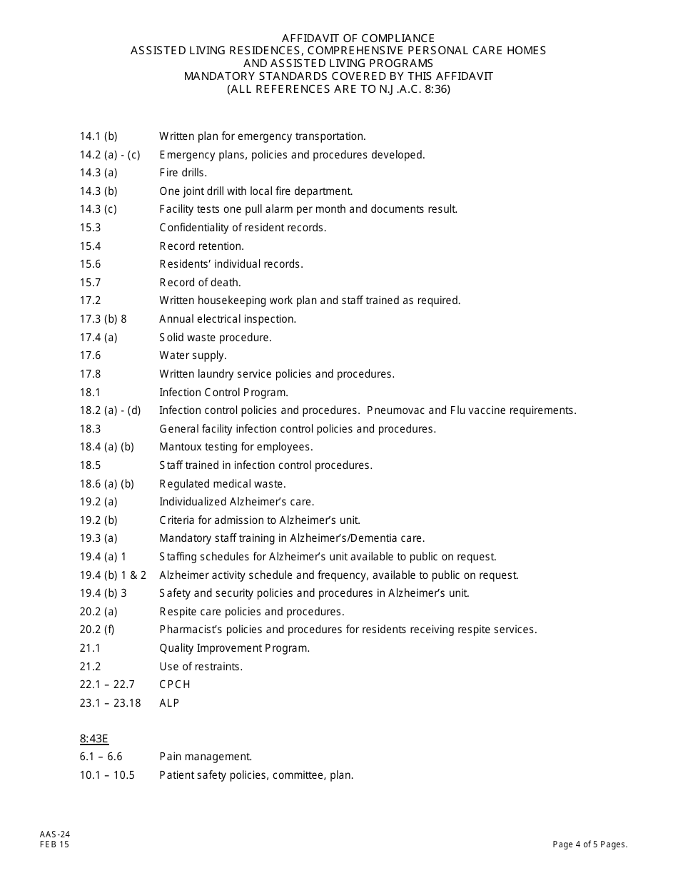 Form AAS-24 Affidavit of Compliance Assisted Living Residences, Comprehensive Personal Care Homes and Assisted Living Programs - New Jersey, Page 4