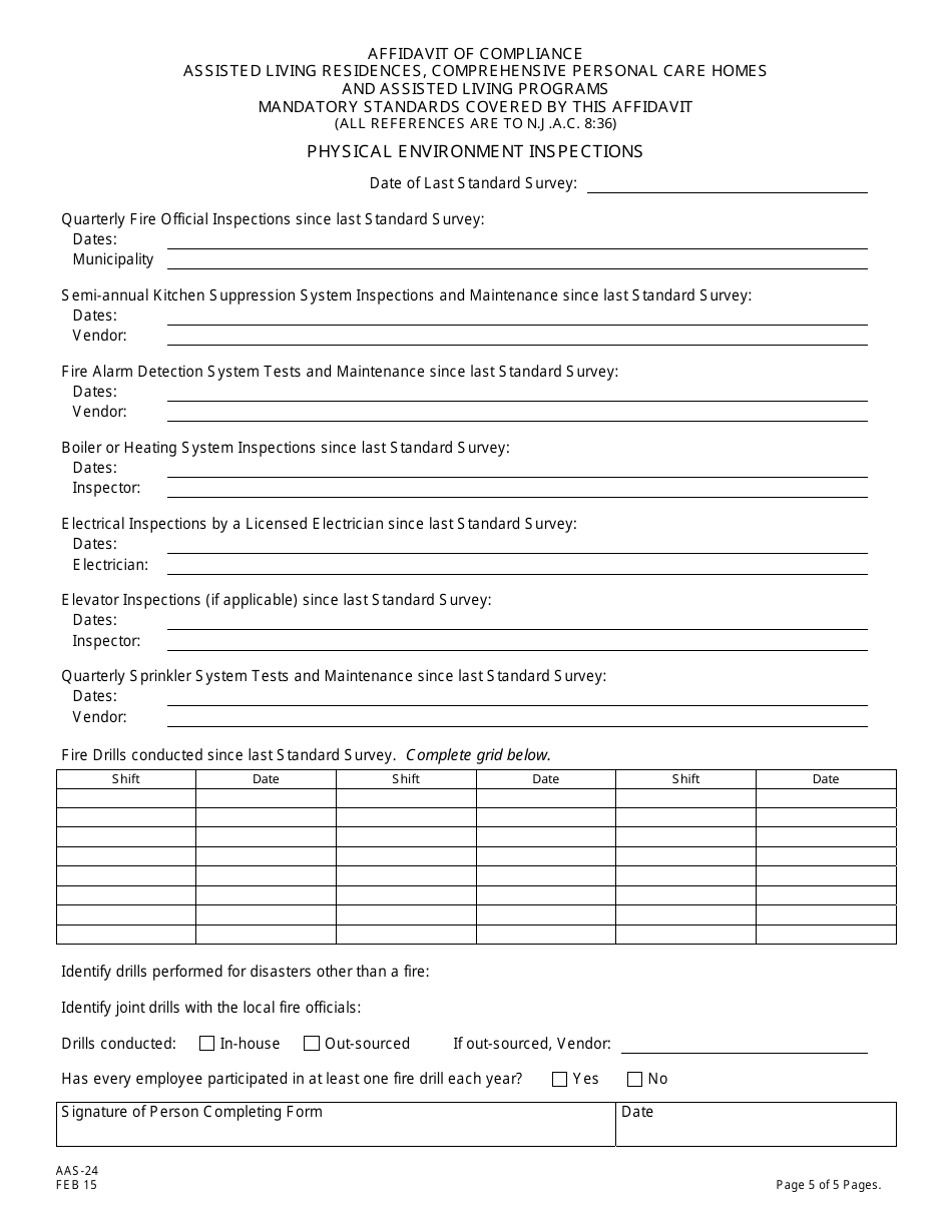 Form AAS-24 Affidavit of Compliance Assisted Living Residences, Comprehensive Personal Care Homes and Assisted Living Programs - New Jersey, Page 5