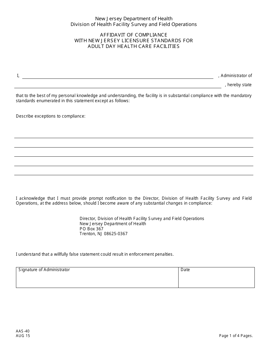 Form AAS-40 Affidavit of Compliance With New Jersey Licensure Standards for Adult Day Health Care Facilities - New Jersey, Page 1