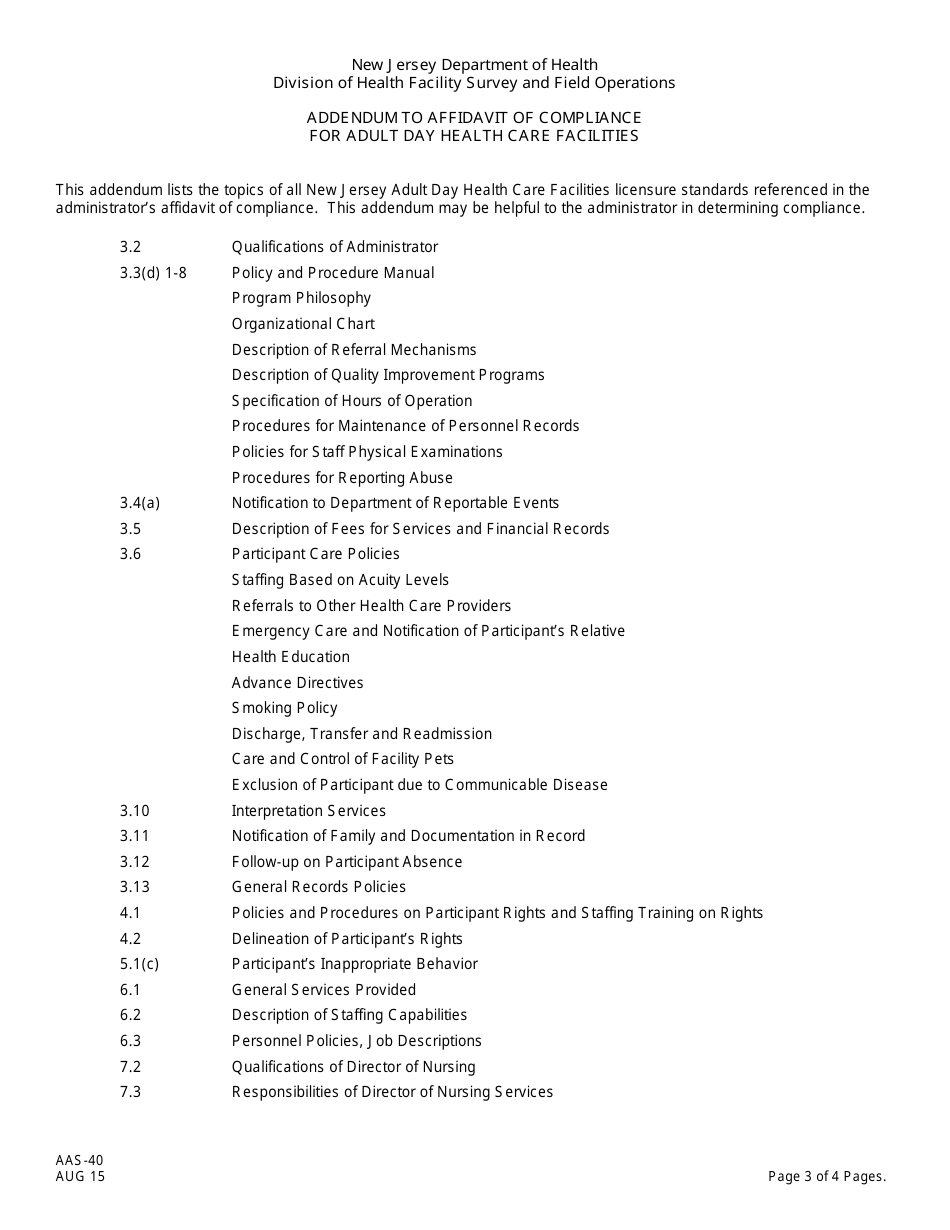 Form AAS-40 Affidavit of Compliance With New Jersey Licensure Standards for Adult Day Health Care Facilities - New Jersey, Page 3