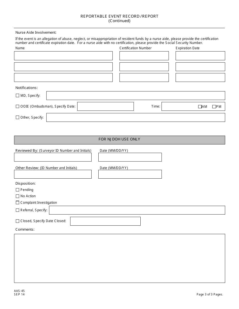 Form AAS-45 Reportable Event Record / Report - New Jersey, Page 3