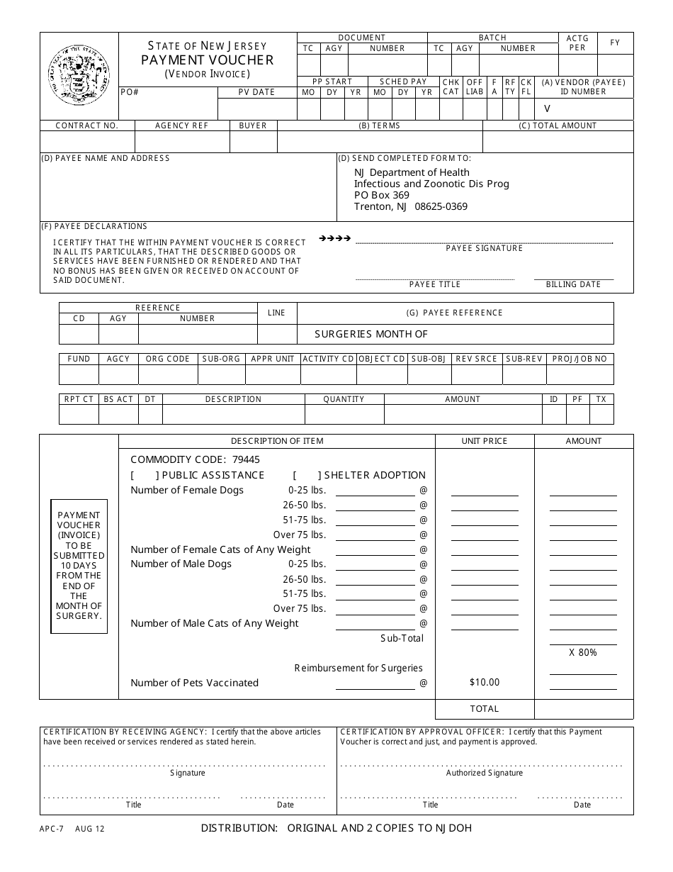 Form APC-7 Payment Voucher (Vendor Invoice) - New Jersey, Page 1