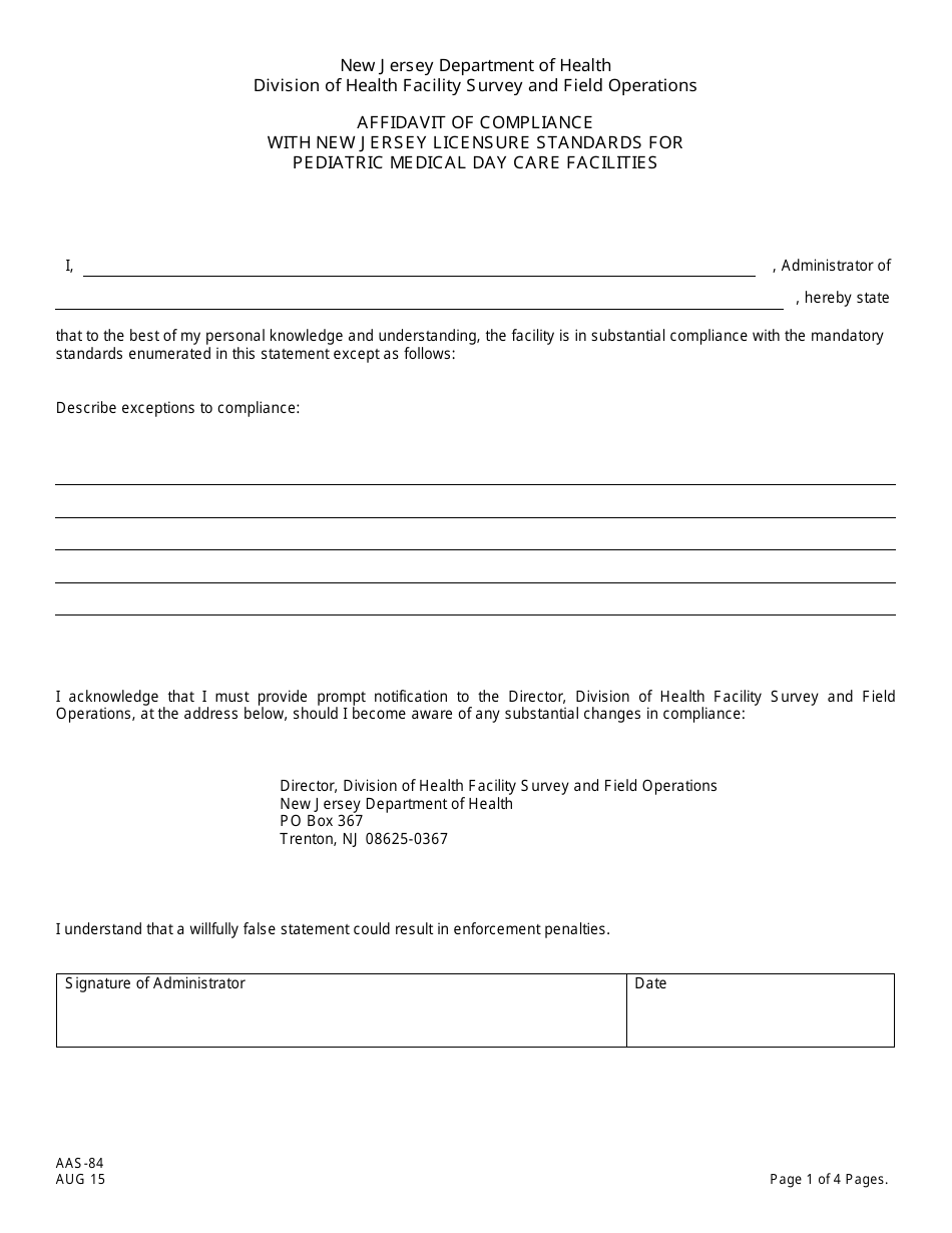 Form AAS-84 Affidavit of Compliance With New Jersey Licensure Standards for Pediatric Medical Day Care Facilities - New Jersey, Page 1