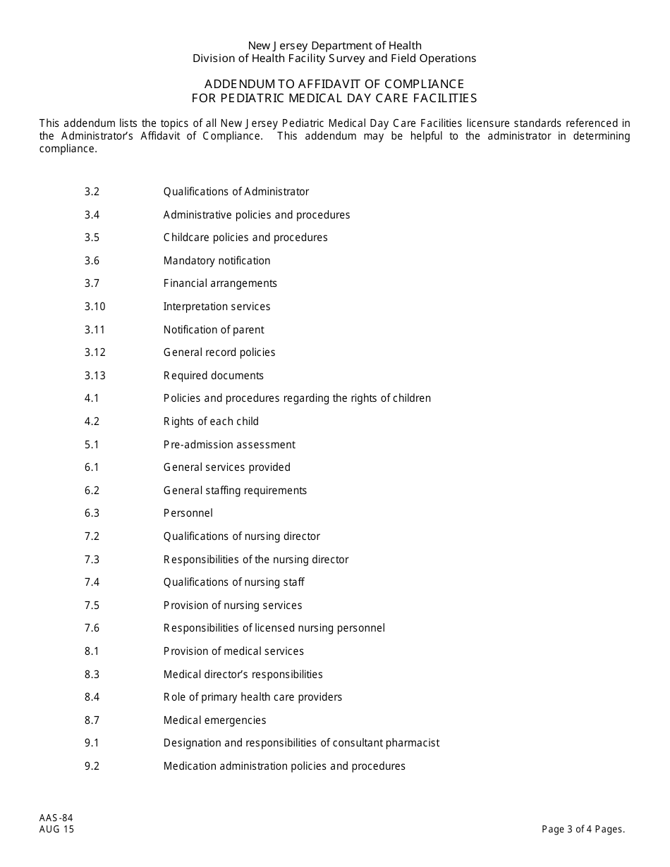 Form AAS-84 Affidavit of Compliance With New Jersey Licensure Standards for Pediatric Medical Day Care Facilities - New Jersey, Page 3