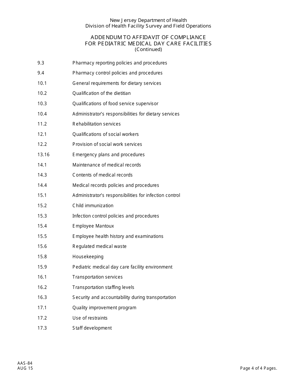 Form AAS-84 Affidavit of Compliance With New Jersey Licensure Standards for Pediatric Medical Day Care Facilities - New Jersey, Page 4