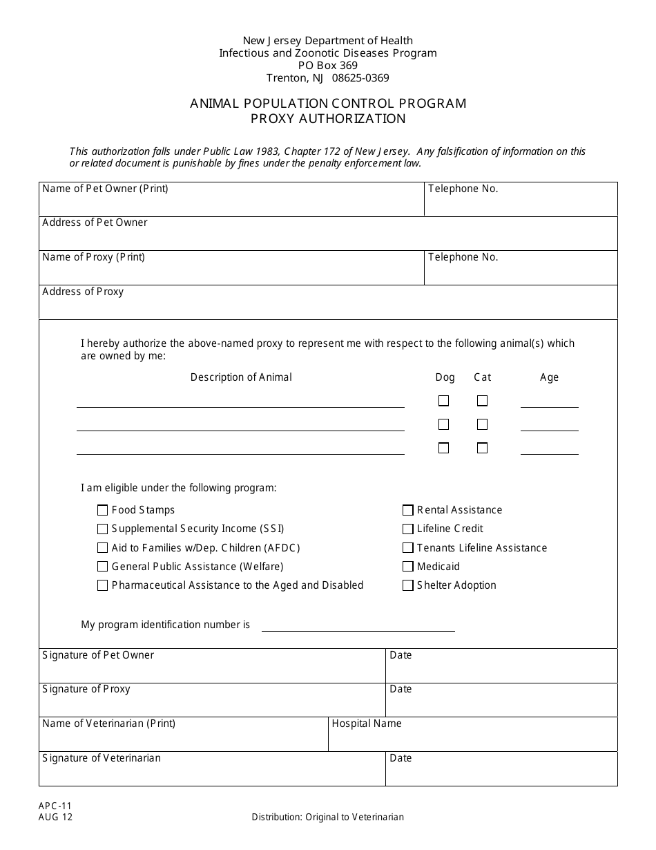 Form APC-11 Animal Population Control Program Proxy Authorization - New Jersey, Page 1